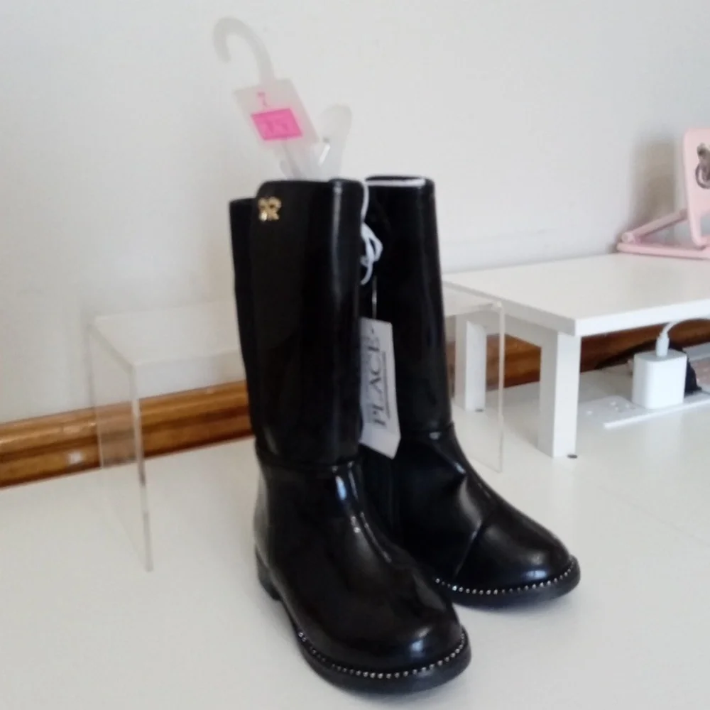 NWT The Children’s Place Toddler Girls Black Rain Boots Gold Bow Size 7